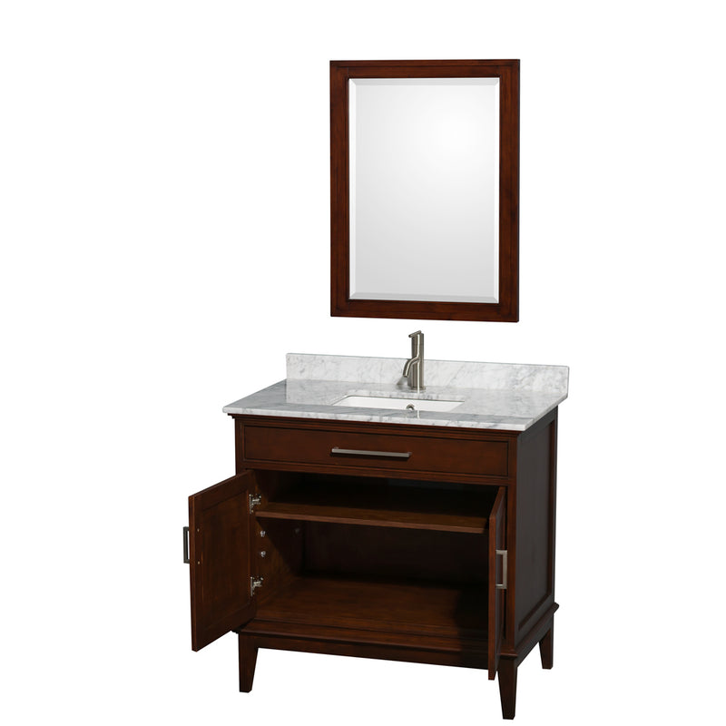 Wyndham AAA Hatton 36" Single Bathroom Vanity In Dark Chestnut White Carrara Marble Countertop Undermount Square Sink and 24" Mirror WCV161636SCDCMUNSM24