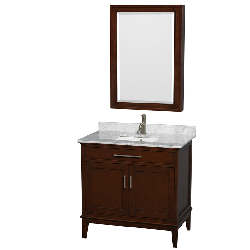 Wyndham AAA Hatton 36" Single Bathroom Vanity In Dark Chestnut White Carrara Marble Countertop Undermount Square Sink And Medicine Cabinet WCV161636SCDCMUNSMED