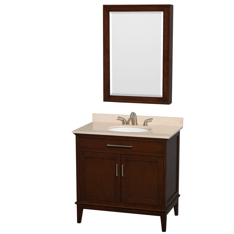 Wyndham AAA Hatton 36" Single Bathroom Vanity In Dark Chestnut Ivory Marble Countertop Undermount Oval Sink And Medicine Cabinet WCV161636SCDIVUNRMED