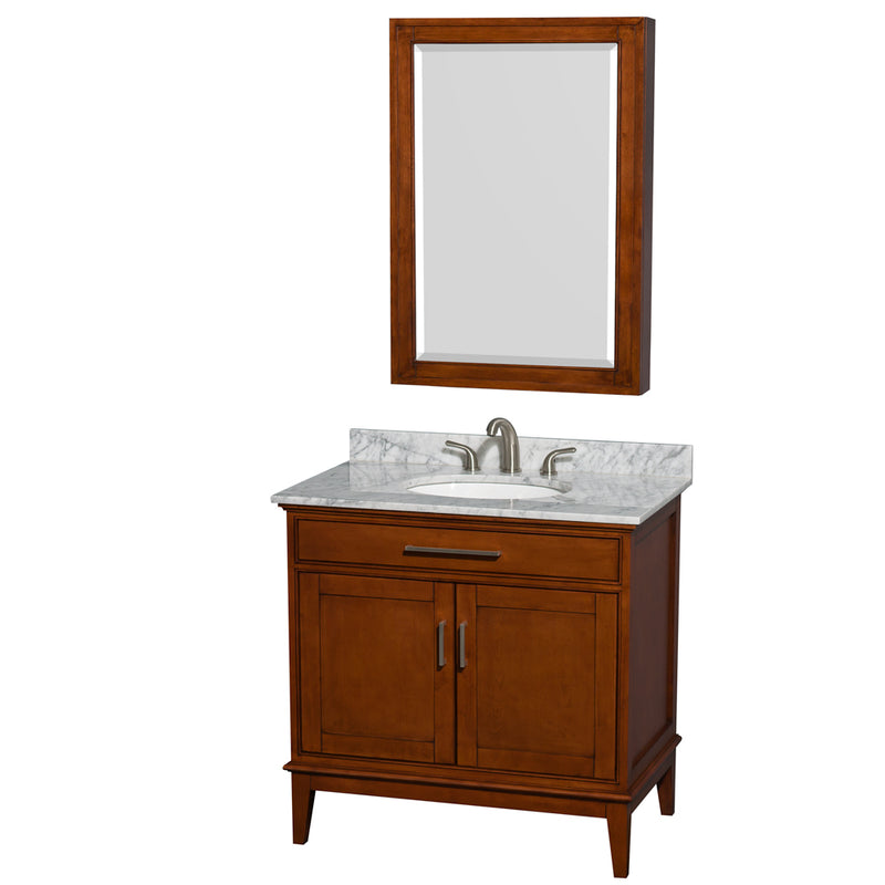 Wyndham AAA Hatton 36" Single Bathroom Vanity In Light Chestnut White Carrara Marble Countertop Undermount Oval Sink And Medicine Cabinet WCV161636SCLCMUNRMED