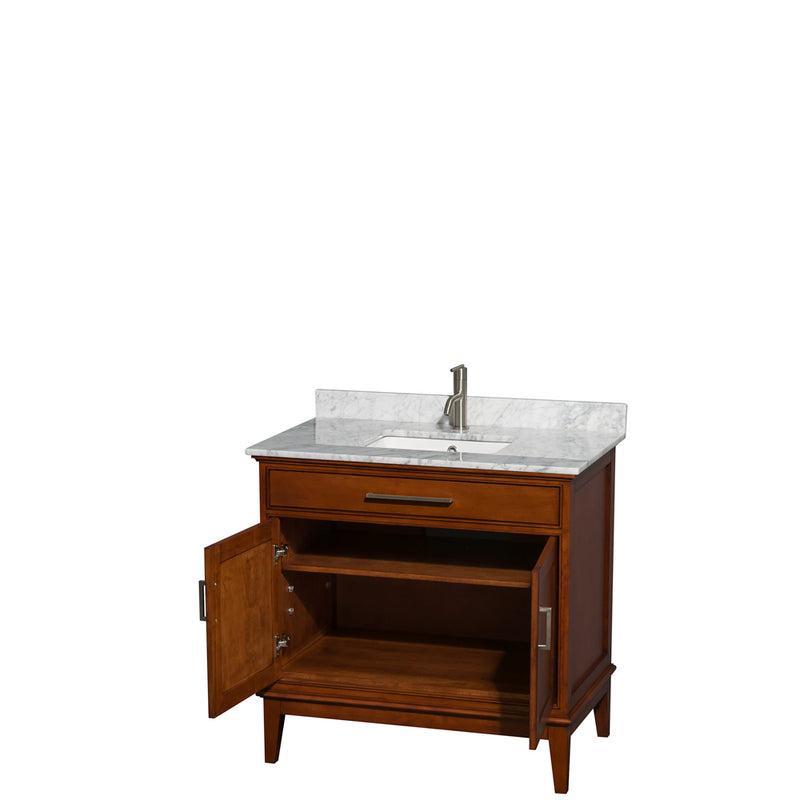 Wyndham AAA Hatton 36" Single Bathroom Vanity In Light Chestnut White Carrara Marble Countertop Undermount Square Sink and No Mirror WCV161636SCLCMUNSMXX