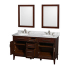 Wyndham AAA Hatton 60" Double Bathroom Vanity In Dark Chestnut White Carrara Marble Countertop Undermount Oval Sinks and 24" Mirrors WCV161660DCDCMUNRM24