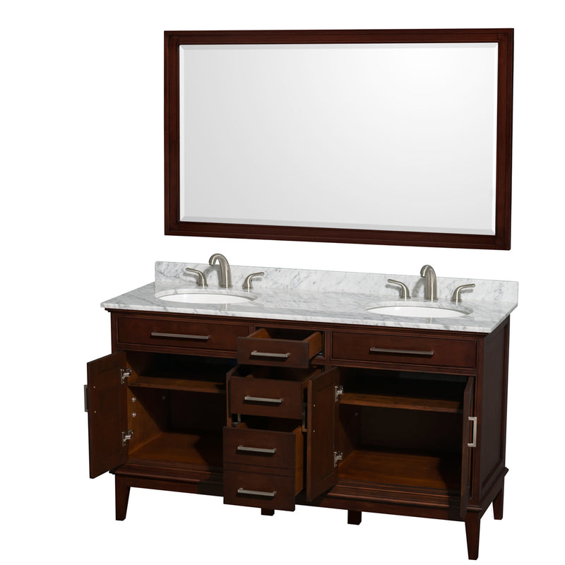 Wyndham Hatton 60" Double Bathroom Vanity In Dark Chestnut White Carrara Marble Countertop Undermount Oval Sinks and 56" Mirror WCV161660DCDCMUNRM56