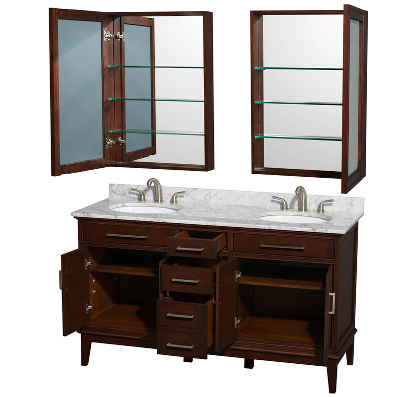 Wyndham AAA Hatton 60" Double Bathroom Vanity In Dark Chestnut White Carrara Marble Countertop Undermount Round Sinks 24" Medicine Cabinets WCV161660DCDCMUNRMED