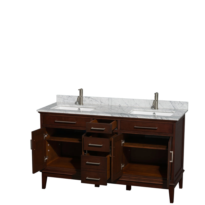 Wyndham Hatton 60" Double Bathroom Vanity In Dark Chestnut White Carrara Marble Countertop Undermount Square Sinks and No Mirror WCV161660DCDCMUNSMXX