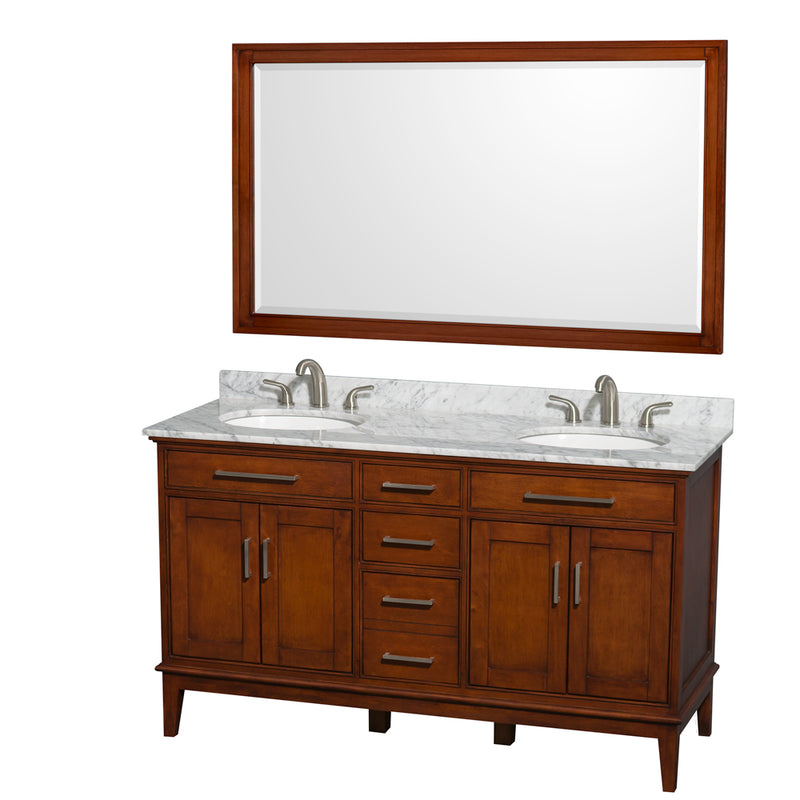 Wyndham Hatton 60" Double Bathroom Vanity In Light Chestnut White Carrara Marble Countertop Undermount Oval Sinks And 56" Mirror WCV161660DCLCMUNRM56