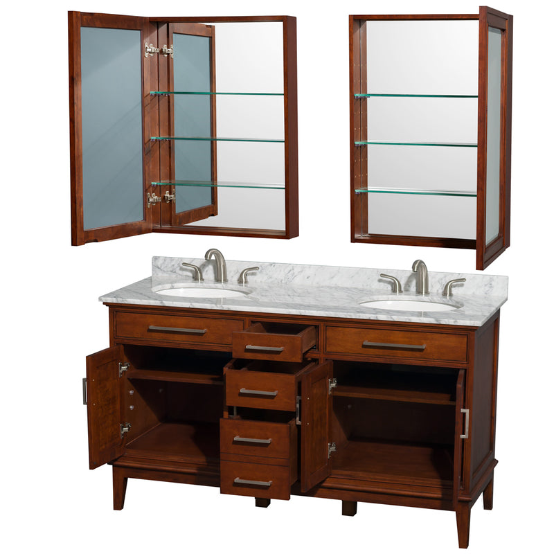 Wyndham AAA Hatton 60" Double Bathroom Vanity In Light Chestnut White Carrara Marble Countertop Undermount Round Sinks 24" Medicine Cabinets WCV161660DCLCMUNRMED