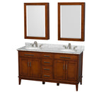 Wyndham AAA Hatton 60" Double Bathroom Vanity In Light Chestnut White Carrara Marble Countertop Undermount Round Sinks 24" Medicine Cabinets WCV161660DCLCMUNRMED