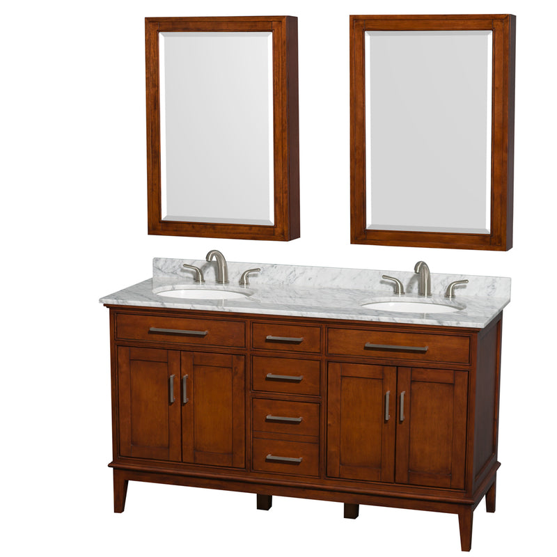 Wyndham AAA Hatton 60" Double Bathroom Vanity In Light Chestnut White Carrara Marble Countertop Undermount Round Sinks 24" Medicine Cabinets WCV161660DCLCMUNRMED