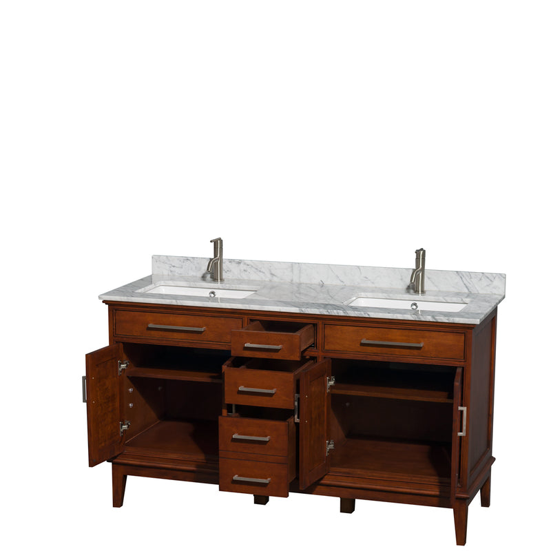 Wyndham Hatton 60" Double Bathroom Vanity In Light Chestnut White Carrara Marble Countertop Undermount Square Sinks and No Mirror WCV161660DCLCMUNSMXX