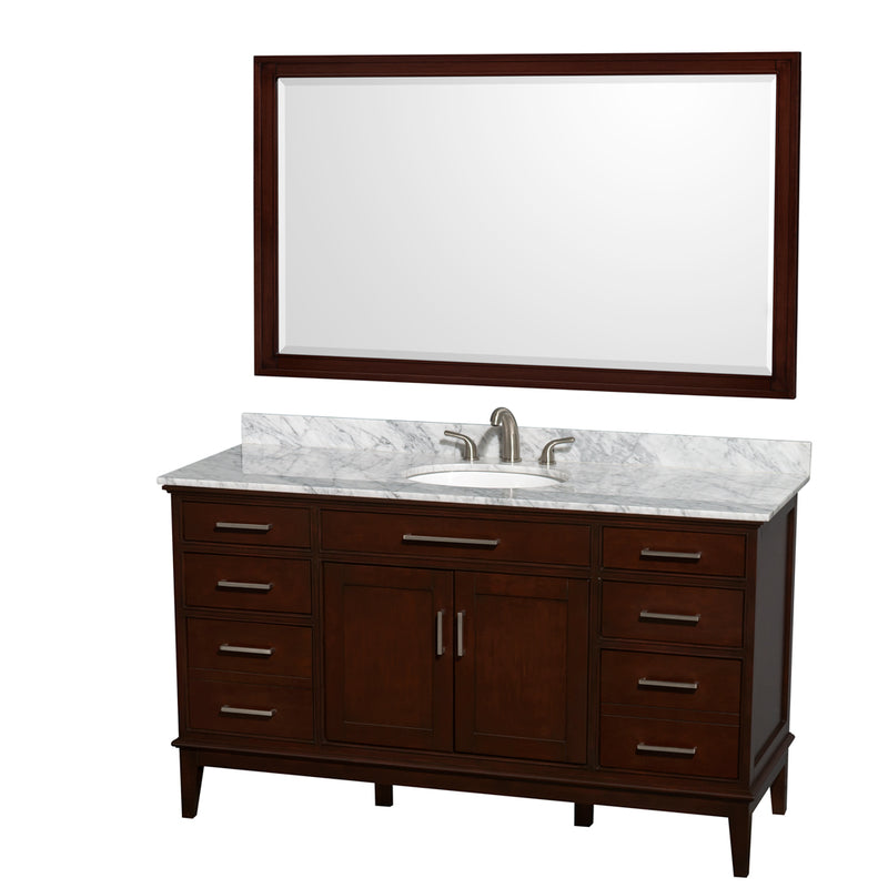 Wyndham Hatton 60" Single Bathroom Vanity In Dark Chestnut White Carrara Marble Countertop Undermount Oval Sink And 56" Mirror WCV161660SCDCMUNRM56