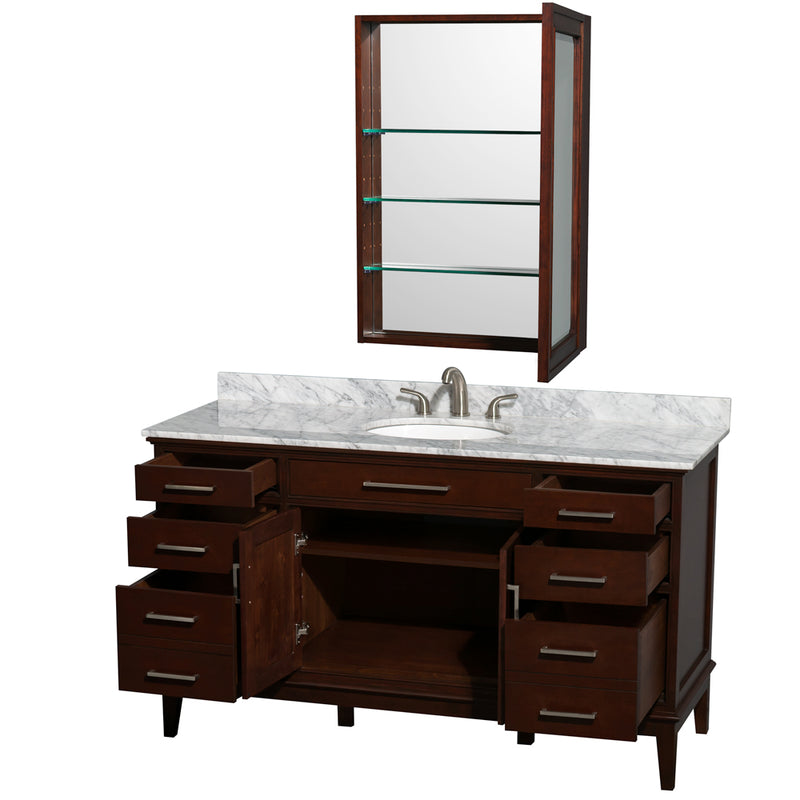 Wyndham AAA Hatton 60" Single Bathroom Vanity In Dark Chestnut White Carrara Marble Countertop Undermount Oval Sink and Medicine Cabinet WCV161660SCDCMUNRMED