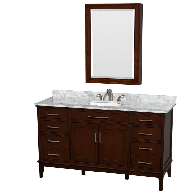 Wyndham AAA Hatton 60" Single Bathroom Vanity In Dark Chestnut White Carrara Marble Countertop Undermount Oval Sink And Medicine Cabinet WCV161660SCDCMUNRMED