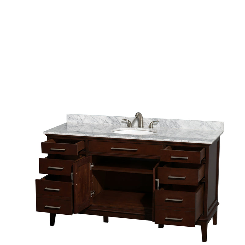 Wyndham Hatton 60" Single Bathroom Vanity In Dark Chestnut White Carrara Marble Countertop Undermount Oval Sink and No Mirror WCV161660SCDCMUNRMXX