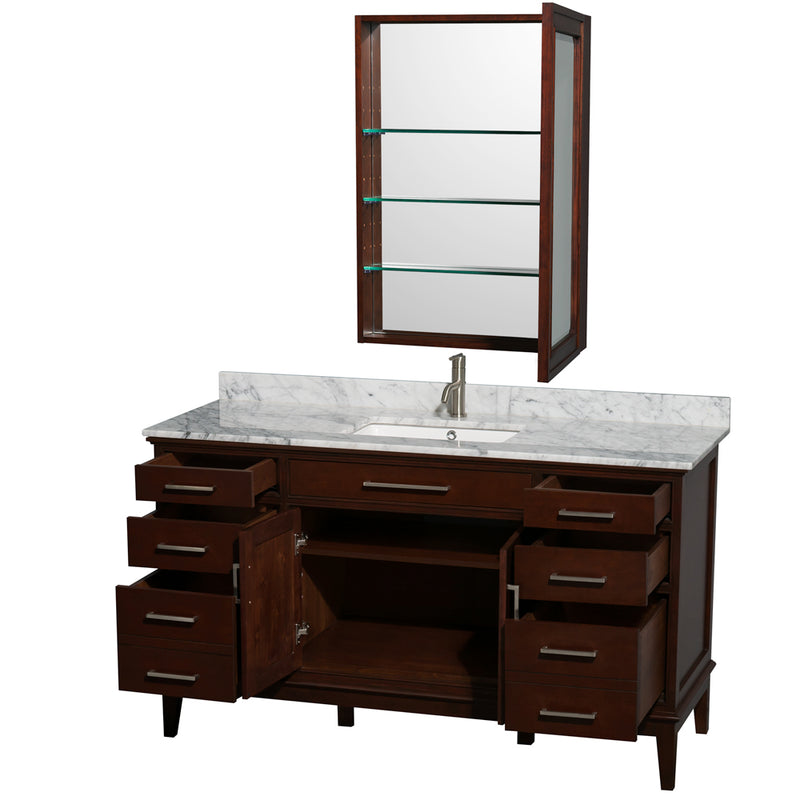 Wyndham AAA Hatton 60" Single Bathroom Vanity In Dark Chestnut White Carrara Marble Countertop Undermount Square Sink and Medicine Cabinet WCV161660SCDCMUNSMED