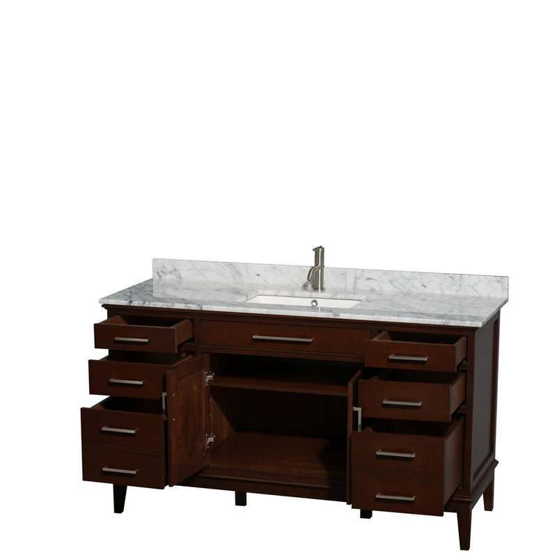 Wyndham Hatton 60" Single Bathroom Vanity In Dark Chestnut White Carrara Marble Countertop Undermount Square Sink and No Mirror WCV161660SCDCMUNSMXX