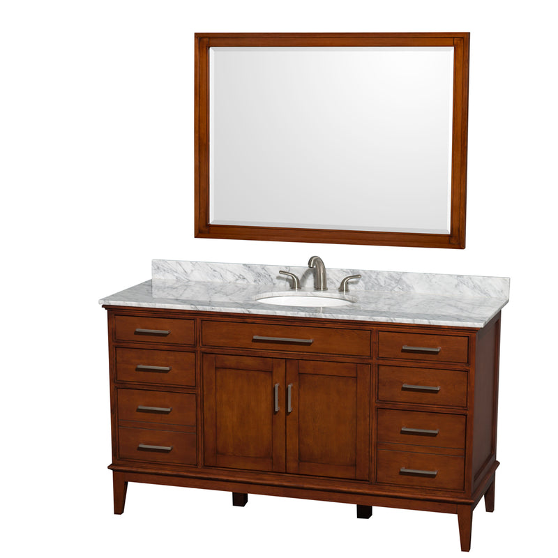 Wyndham AAA Hatton 60" Single Bathroom Vanity In Light Chestnut White Carrara Marble Countertop Undermount Oval Sink And 44" Mirror WCV161660SCLCMUNRM44