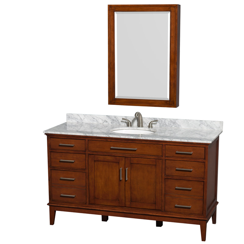 Wyndham AAA Hatton 60" Single Bathroom Vanity In Light Chestnut White Carrara Marble Countertop Undermount Oval Sink And Medicine Cabinet WCV161660SCLCMUNRMED