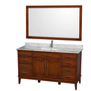 Wyndham Hatton 60" Single Bathroom Vanity In Light Chestnut White Carrara Marble Countertop Undermount Square Sink And 56" Mirror WCV161660SCLCMUNSM56