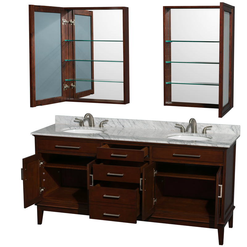 Wyndham AAA Hatton 72" Double Bathroom Vanity In Dark Chestnut White Carrara Marble Countertop Undermount Oval Sinks and Medicine Cabinets WCV161672DCDCMUNRMED