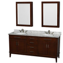 Wyndham AAA Hatton 72" Double Bathroom Vanity In Dark Chestnut White Carrara Marble Countertop Undermount Oval Sinks And Medicine Cabinets WCV161672DCDCMUNRMED