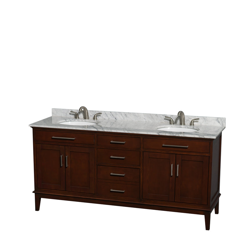 Wyndham Hatton 72" Double Bathroom Vanity In Dark Chestnut White Carrara Marble Countertop Undermount Oval Sinks And No Mirror WCV161672DCDCMUNRMXX