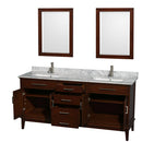 Wyndham AAA Hatton 72" Double Bathroom Vanity In Dark Chestnut White Carrara Marble Countertop Undermount Square Sinks and 24" Mirrors WCV161672DCDCMUNSM24