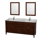 Wyndham AAA Hatton 72" Double Bathroom Vanity In Dark Chestnut White Carrara Marble Countertop Undermount Square Sinks And 24" Mirrors WCV161672DCDCMUNSM24