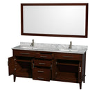 Wyndham Hatton 72" Double Bathroom Vanity In Dark Chestnut White Carrara Marble Countertop Undermount Square Sinks and 70" Mirror WCV161672DCDCMUNSM70