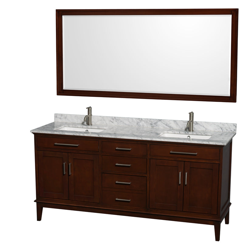 Wyndham Hatton 72" Double Bathroom Vanity In Dark Chestnut White Carrara Marble Countertop Undermount Square Sinks And 70" Mirror WCV161672DCDCMUNSM70