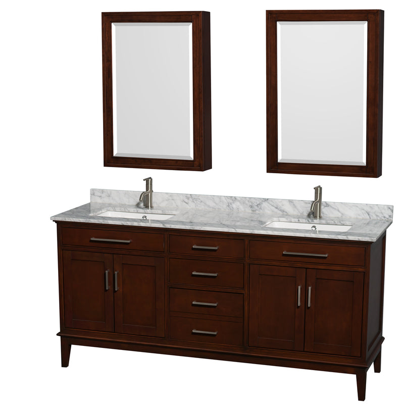 Wyndham AAA Hatton 72" Double Bathroom Vanity In Dark Chestnut White Carrara Marble Countertop Undermount Square Sinks And Medicine Cabinets WCV161672DCDCMUNSMED