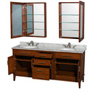 Wyndham AAA Hatton 72" Double Bathroom Vanity In Light Chestnut White Carrara Marble Countertop Undermount Oval Sinks and Medicine Cabinets WCV161672DCLCMUNRMED