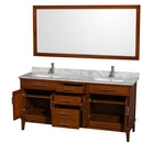 Wyndham Hatton 72" Double Bathroom Vanity In Light Chestnut White Carrara Marble Countertop Undermount Square Sinks and 70" Mirror WCV161672DCLCMUNSM70