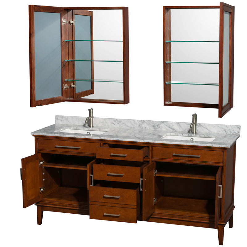 Wyndham AAA Hatton 72" Double Bathroom Vanity In Light Chestnut White Carrara Marble Countertop Undermount Square Sinks and Medicine Cabinets WCV161672DCLCMUNSMED