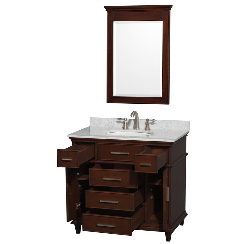 Wyndham Berkeley 36" Single Bathroom Vanity In Dark Chestnut with White Carrara Marble Top with White Undermount Oval Sink and 24" Mirror WCV171736SCDCMUNRM24