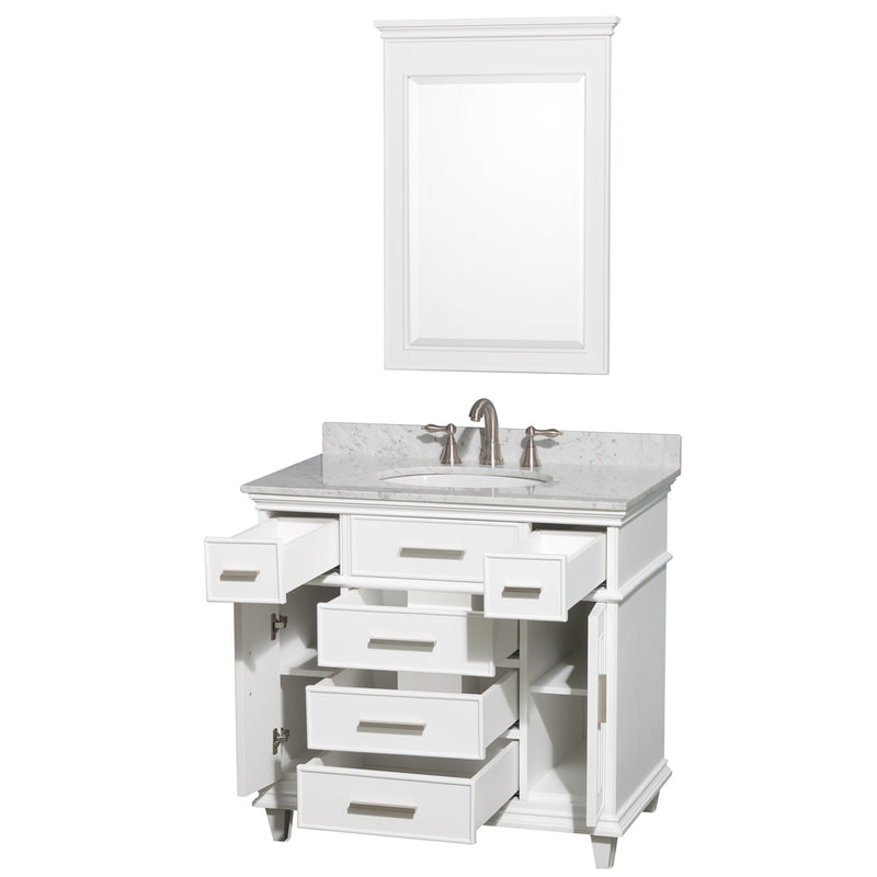 Wyndham Berkeley 36" Single Bathroom Vanity In White with White Carrara Marble Top with White Undermount Oval Sink and 24" Mirror WCV171736SWHCMUNRM24