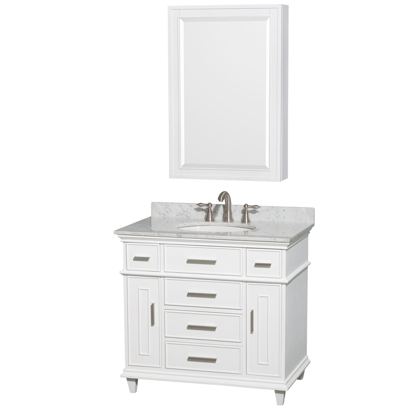 Wyndham AAA Berkeley 36" Single Bathroom Vanity In White White Carrara Marble Countertop Undermount Round Sink 24" Medicine Cabinet WCV171736SWHCMUNRMED