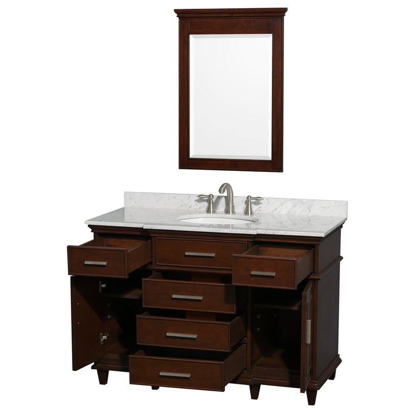 Wyndham Berkeley 48" Single Bathroom Vanity In Dark Chestnut with White Carrara Marble Top with White Undermount Oval Sink and 24" Mirror WCV171748SCDCMUNRM24