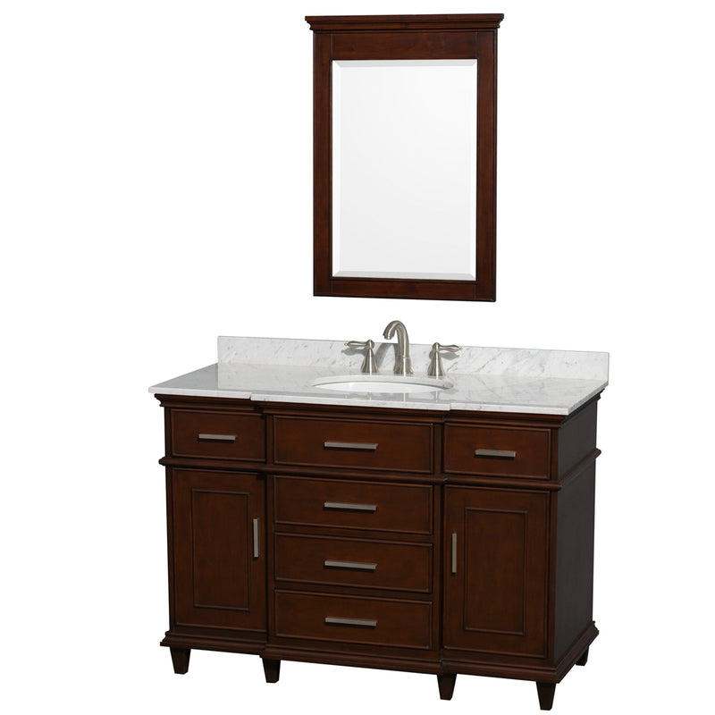 Wyndham Berkeley 48" Single Bathroom Vanity In Dark Chestnut With White Carrara Marble Top With White Undermount Oval Sink And 24" Mirror WCV171748SCDCMUNRM24