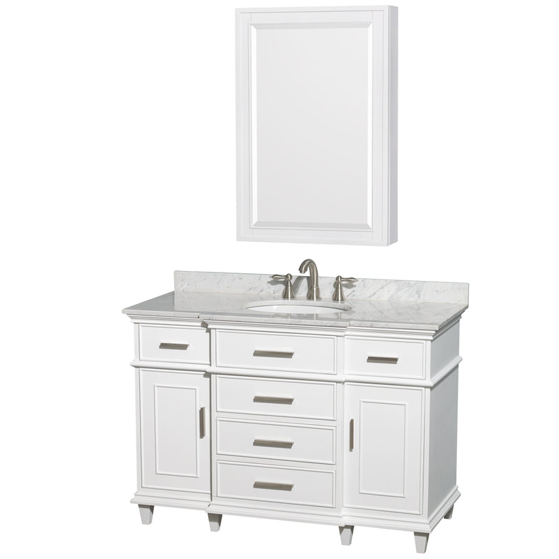 Wyndham AAA Berkeley 48" Single Bathroom Vanity In White White Carrara Marble Countertop Undermount Round Sink 24" Medicine Cabinet WCV171748SWHCMUNRMED