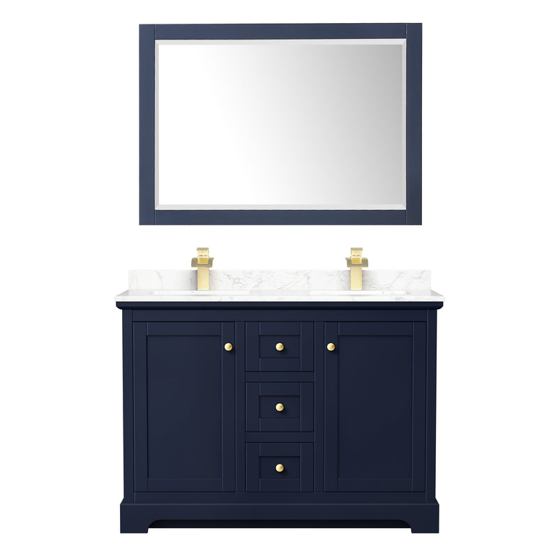 Wyndham Avery 48" Double Bathroom Vanity In Dark Blue Dark-Vein Carrara Cultured Marble Countertop Undermount Square Sinks and 46" Mirror WCV232348DBLC1UNSM46