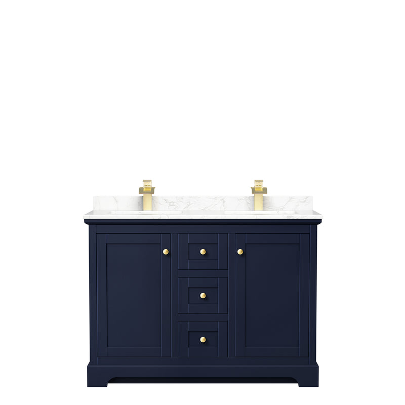 Wyndham Avery 48" Double Bathroom Vanity In Dark Blue Dark-Vein Carrara Cultured Marble Countertop Undermount Square Sinks and No Mirror WCV232348DBLC1UNSMXX