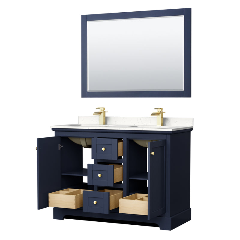 Wyndham Avery 48" Double Bathroom Vanity In Dark Blue Light-Vein Carrara Cultured Marble Countertop Undermount Square Sinks and 46" Mirror WCV232348DBLC2UNSM46