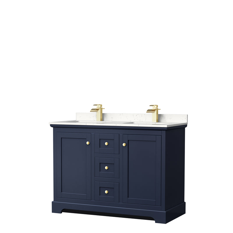 Wyndham Avery 48" Double Bathroom Vanity In Dark Blue Light-Vein Carrara Cultured Marble Countertop Undermount Square Sinks And No Mirror WCV232348DBLC2UNSMXX