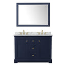 Wyndham Avery 48" Double Bathroom Vanity In Dark Blue White Carrara Marble Countertop Undermount Oval Sinks and 46" Mirror WCV232348DBLCMUNOM46