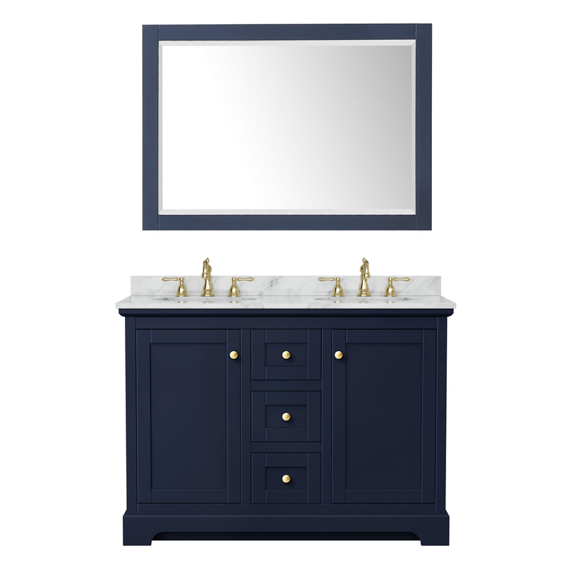 Wyndham Avery 48" Double Bathroom Vanity In Dark Blue White Carrara Marble Countertop Undermount Oval Sinks and 46" Mirror WCV232348DBLCMUNOM46