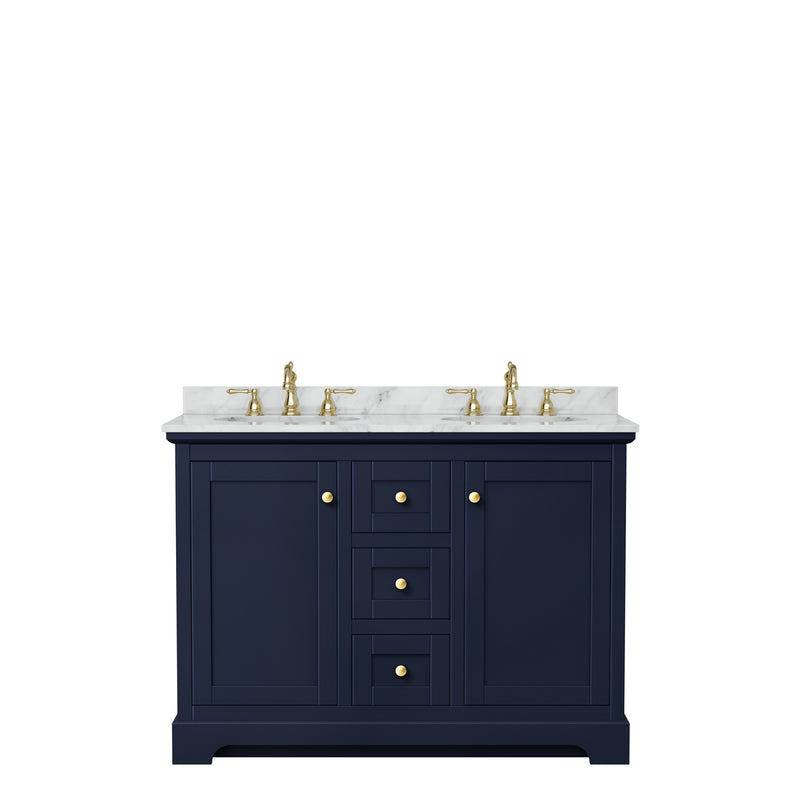 Wyndham Avery 48" Double Bathroom Vanity In Dark Blue White Carrara Marble Countertop Undermount Oval Sinks and No Mirror WCV232348DBLCMUNOMXX