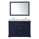 Wyndham Avery 48" Double Bathroom Vanity In Dark Blue White Carrara Marble Countertop Undermount Square Sinks and 46" Mirror WCV232348DBLCMUNSM46