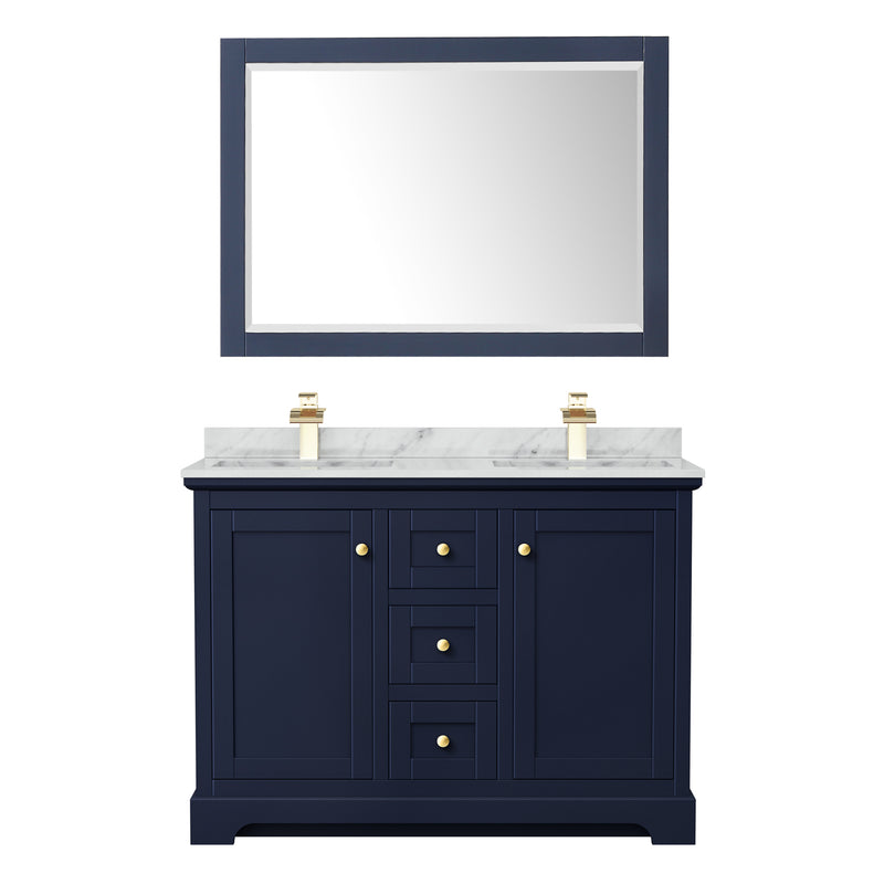 Wyndham Avery 48" Double Bathroom Vanity In Dark Blue White Carrara Marble Countertop Undermount Square Sinks and 46" Mirror WCV232348DBLCMUNSM46