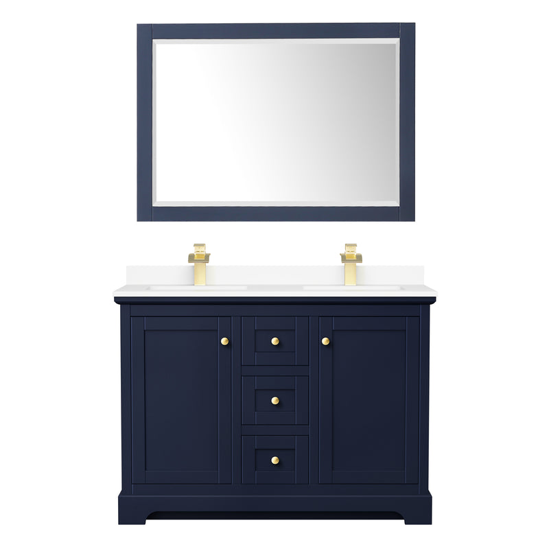 Wyndham Avery 48" Double Bathroom Vanity In Dark Blue White Cultured Marble Countertop Undermount Square Sinks and 46" Mirror WCV232348DBLWCUNSM46